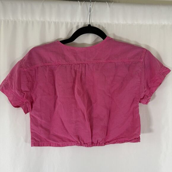 Zara Blouse Girls 10 140 CM Pink Cropped Vneck Button Up Short Sleeve Linen - Picture 9 of 9